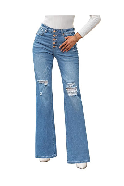 Roskiky Blue jeans for women, high waist, fitted on thighs, flared at the bot...