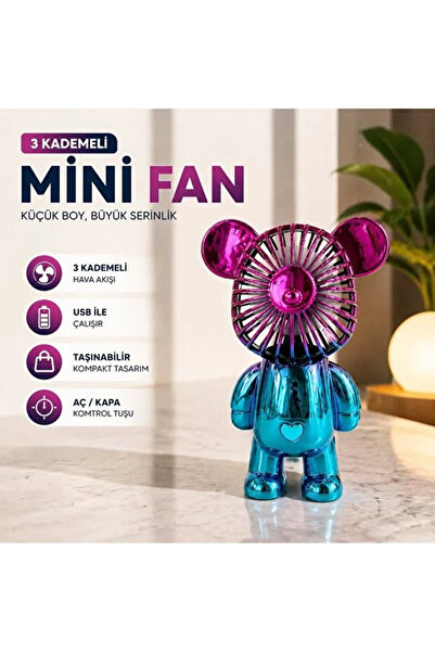 ORVİCA Ayıcık Şekilli 2 Si 1 Arada Mini Fan Vantilatör Masaüstü El Fanı Turbo...