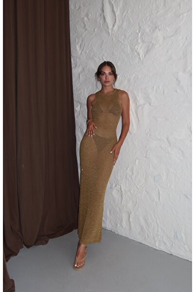 Zey Studio Kadın Bronz Simli Ajurlu Plaj Elbisesi