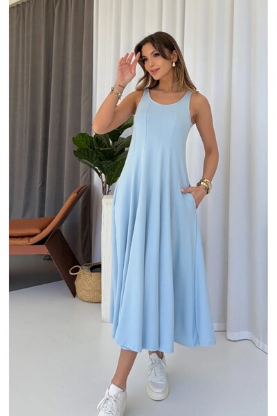 MODA Mavi Modal Kumaş Parçalı Kalın Askılı Midi Boy Elbise