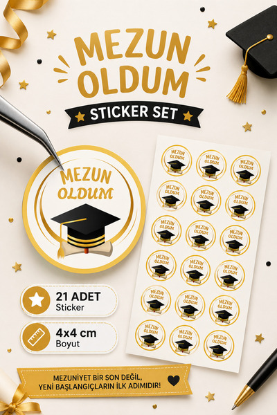 Sticker Ekspres 21 Adet Mezuniyet Hatırası Etiketi Mezun Oldum Hediye Paketle...