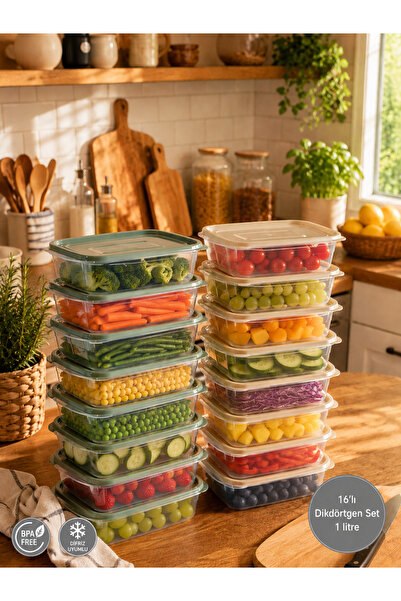 Nesto Home Set of 16 Rectangular Storage Containers 1 Liter Microwave and Fre...