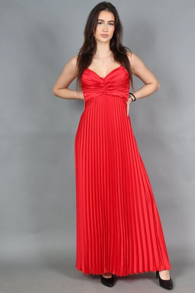 New Collectıon Stacy Satin Pleated Maxi Dress with Cutout Back and Adjustable...