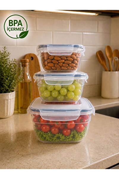 Nestora Kitchen Fresh Box 3'lü Kare Saklama Kabı Seti 3.3L - Hava ve Sıvı Sız...