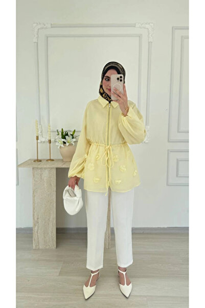 DEFNECE BUTİK Voile Fabric Floral Cap - Yellow