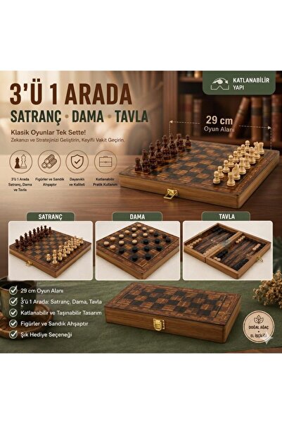e-life Lüks Ahşap 3'ü 1 Arada Satranç Dama Tavla Seti Katlanabilir Kilitli Oy...