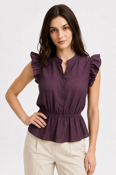 Mixray 4921 Kadın Volanlı Hakim Yaka Jakarlı Peplum Bluz Mürdüm