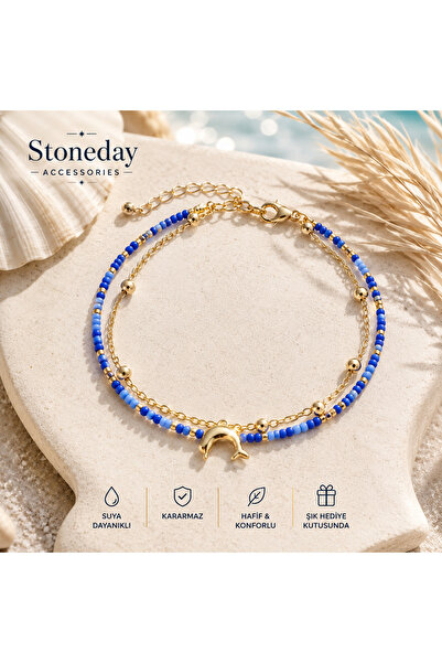 Stoneday Dolphin Fish Gold Detailed Chain Blue Sand Bead Anklet
