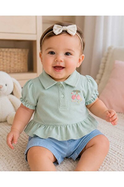 kidsense Baby Girl Cherry Embroidered Polo Collar Ruffle T-Shirt Denim Shorts...