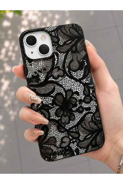 OVADA İphone 13/14/15 Uyumlu Siyah Dantel Desenli Telefon Kılıfı