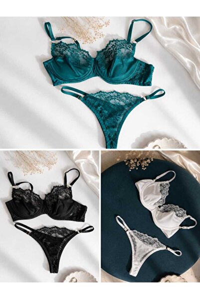 SOLENIA Kadın Dantelli Bralette Sütyen String Takımı 3'Lü Set - YEŞİL/BEYAZ/S...
