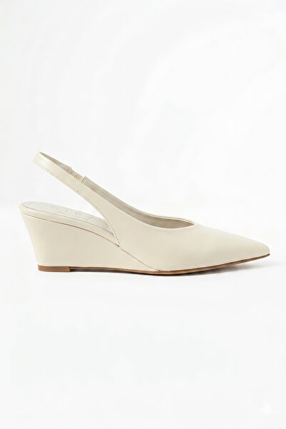 Sira Official Mary Beige Rustic Open Back Pointed Toe Wedge Heeled Shoes