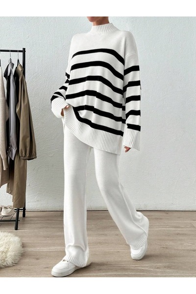 Iuliashop Knitted Tracksuit with Karsten White Pants with Black Stripes - XL