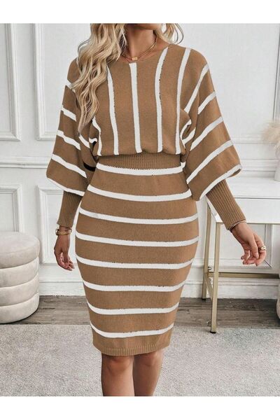 Iuliashop Rochie scurtă tricotată Nelly bej cu dungi albe - S