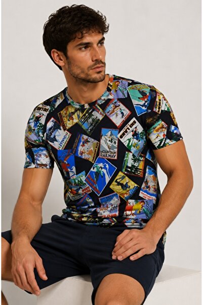 Love Moschino Cotton Regular Fit Multi-Coloured Postcard-Print T-Shirt