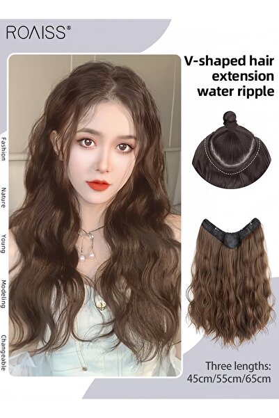 ROAISS V-Shaped Light Brown Hair Extension One Piece Wavy Wig with 4 Clips He...
