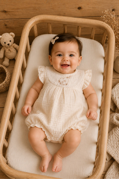 iQBaby Kız Bebek Kuş Nakışlı %100 Pamuk Çıtçıtlı Yazlık Tulum