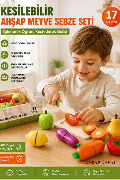 kosetoys Doğal Ahşap Kasalı Kesilebilir Meyve Sebze Seti 17 parça