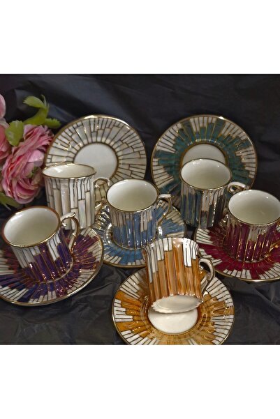 BY.RAYKA PORSELEN El Dekor Efes Step Porcelain Hand Painted 6 Cup Set