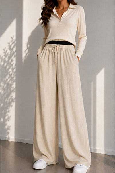FORMO Women's Summer Crinkle Wide-Leg Loose-Fit Trousers with Pockets