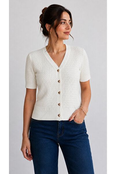 MODASPARK Women's V-Neck Heart Button Detailed Short Sleeve Hair Knit Merceri...
