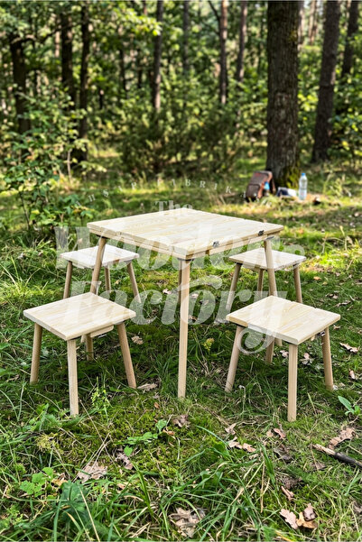 Wooden Factory Valiz Tipi Kamp Masası ve 4 Adet Tabure Seti Taşınabilir Ahşap...