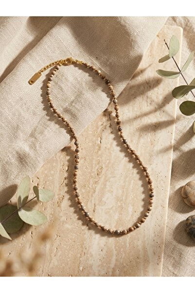 Meneva Aksesuar Odun Jasper Natural Stone Gold Color Steel Combination Necklace