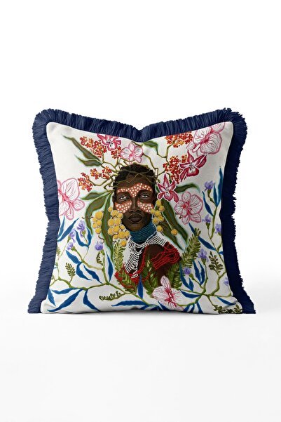 IdeCraft Floral Women's Portrait Patterned Fringed Throw Pillow Cover - Navy ...