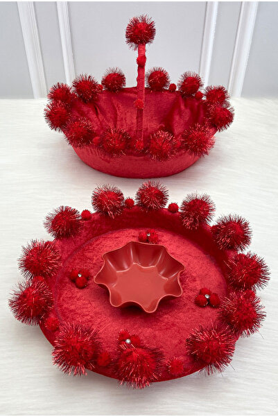 ZEYMERADE Red Bridal Velvet Henna Night Tray and Basket, with Glitter Pompoms...