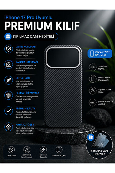 iPhone 17 Pro Kılıfı • Kırılmaz Cam Hediyeli • Premium • Karbon Fiber • Darbe Korumalı • Kamera Korumalı • Ultra İnce • Lüks Tasarım