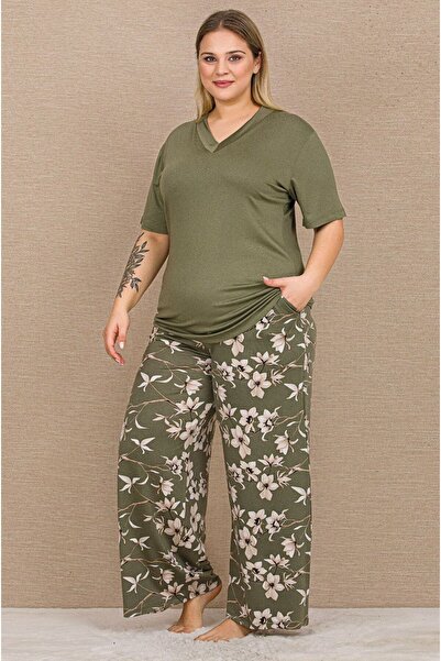 by İGP Khaki Cotton Viscose Fabric Short Sleeve V-Neck Large Size Pajama Set