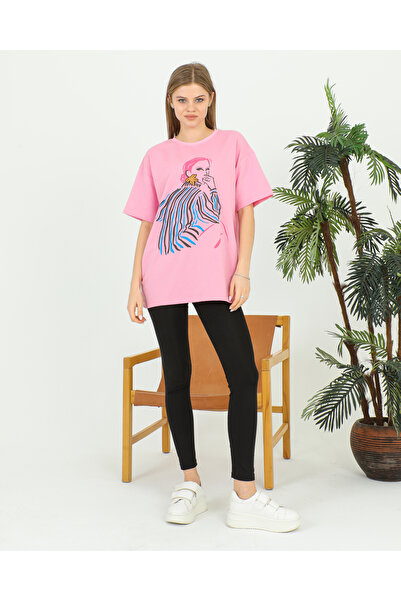 BASKILI OVERSİZE PEMBE T-SHİRT