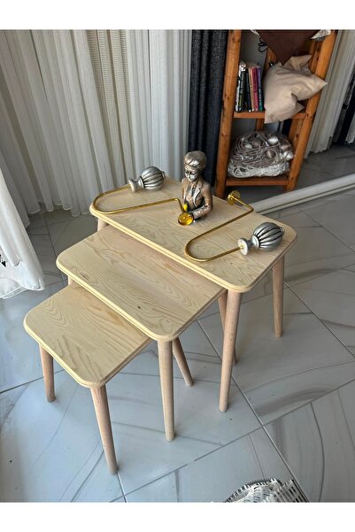 MİTRAWOOD Mitra Wood 3’lü Zigon Sehpa Doğal Ahşap Modern Salon Sehpası Kademe...