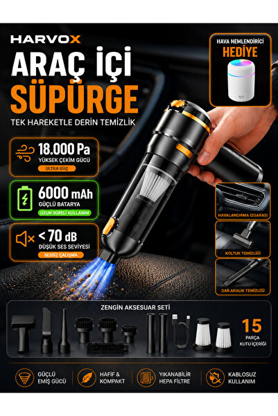 HARVOX Kablosuz Araç İçi El Süpürgesi 18.000Pa Güçlü Emiş 6000mAh Şarjlı Güçl...