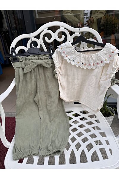 moda rüyası Girl's Scallop and Bead Detailed Muslin Set