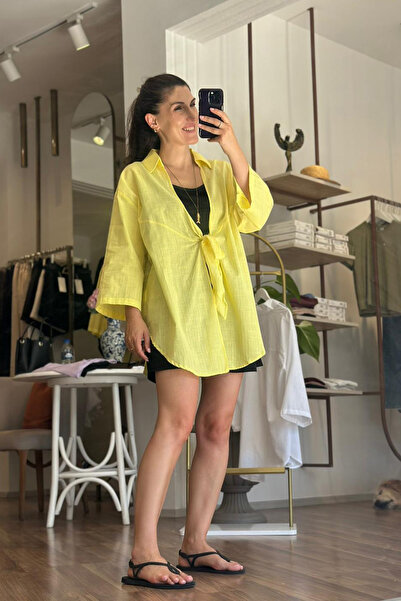 Unique Boutique Yellow Front-Tie Cotton Shirt