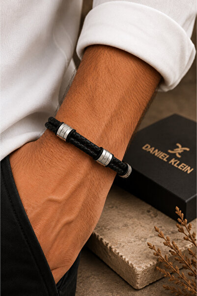 Daniel Klein Men's Black Braided Leather Bracelet with Steel Detail and Magne...