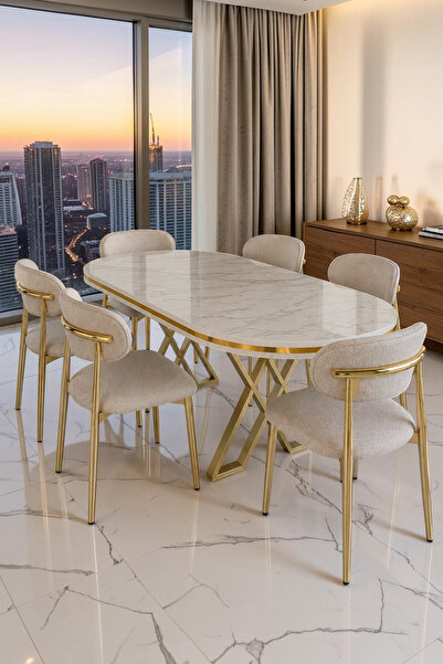 metallion HERA GOLD Serisi 6 Kişilik Yemek Odası Takımı - Mermer Desenli Gold...