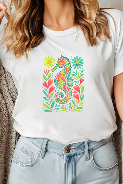 Sarah's Boutique Women's T-shirt – 100% cotton – Floral Seahorse