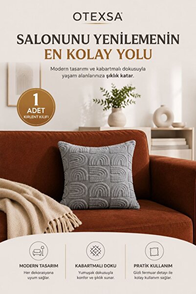 OTEXSA Kabartmalı Dokulu Gri Kırlent Kılıfı Dekoratif Koltuk Yastık Kılıfı Tekli