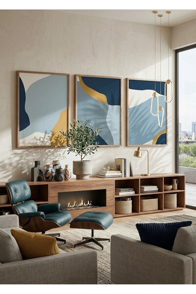 alphobitasarım Modern Abstract Design 3-Piece Framed Wooden Painting Set - Li...