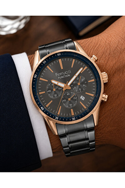 Ferrucci Men's Wristwatch Steel Band Rose Gold Color Functional Calendar Dail...