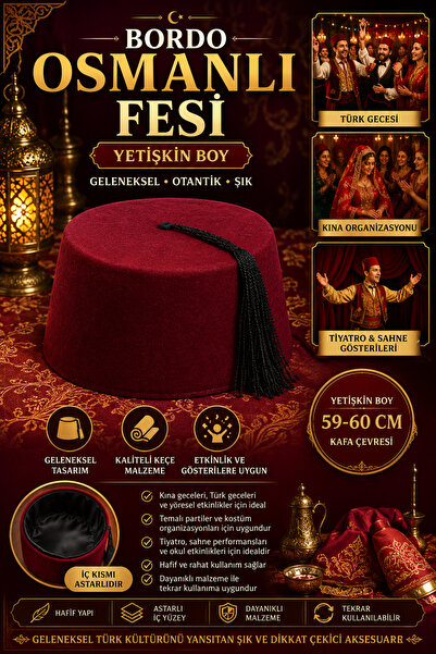 Tamsena Store Bordo Osmanlı Fesi Yetişkin Fes Şapkası Püsküllü Yöresel Folklo...