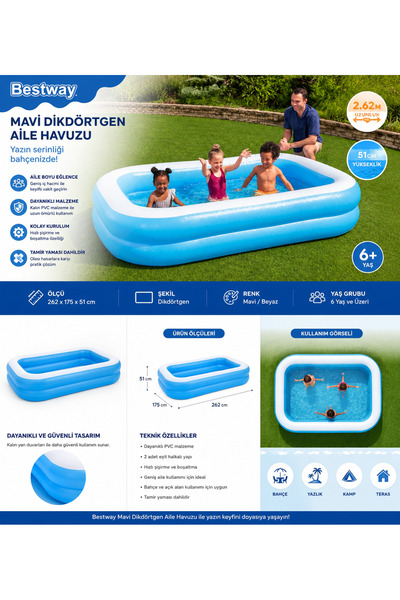 BESTWAY Şişme Aile Havuzu 262x175x51 cm – Dikdörtgen Mavi Bahçe Havuzu