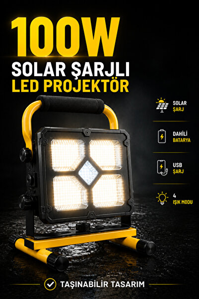 Edison 100W Solar Şarjlı LED Projektör Fener USB Telefon Şarjlı Taşınabilir K...
