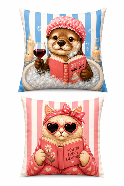 ayshome textile Ays Home Kitap Kurdu Sevimli Maksimalist Desen Kırlent Kılıfı Seti (Çift Taraf Baskılı )