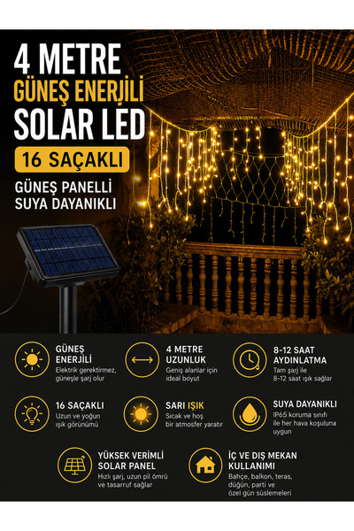 SARFEX Güneş Enerjili Saçak Led 4 Metre 16 Saçaklı Işık Ip Perde Sarkıt Solar...