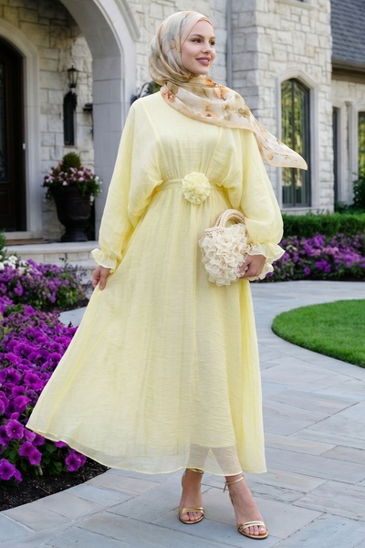 InStyle Bat Sleeve Rose Belted Yellow Dress