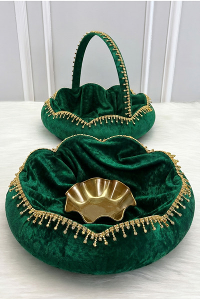 ZEYMERADE Emerald Green Bridal Henna Night Tray Basket Set, Velvet Shiny Ston...