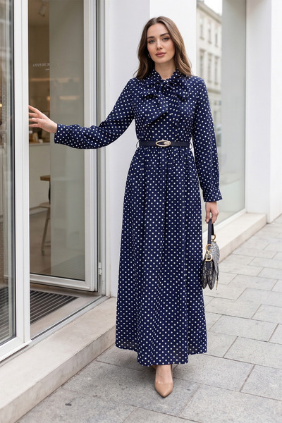 MODAQU Polka Dot Viscose Dress with Scarf Collar and Belt - Navy Blue